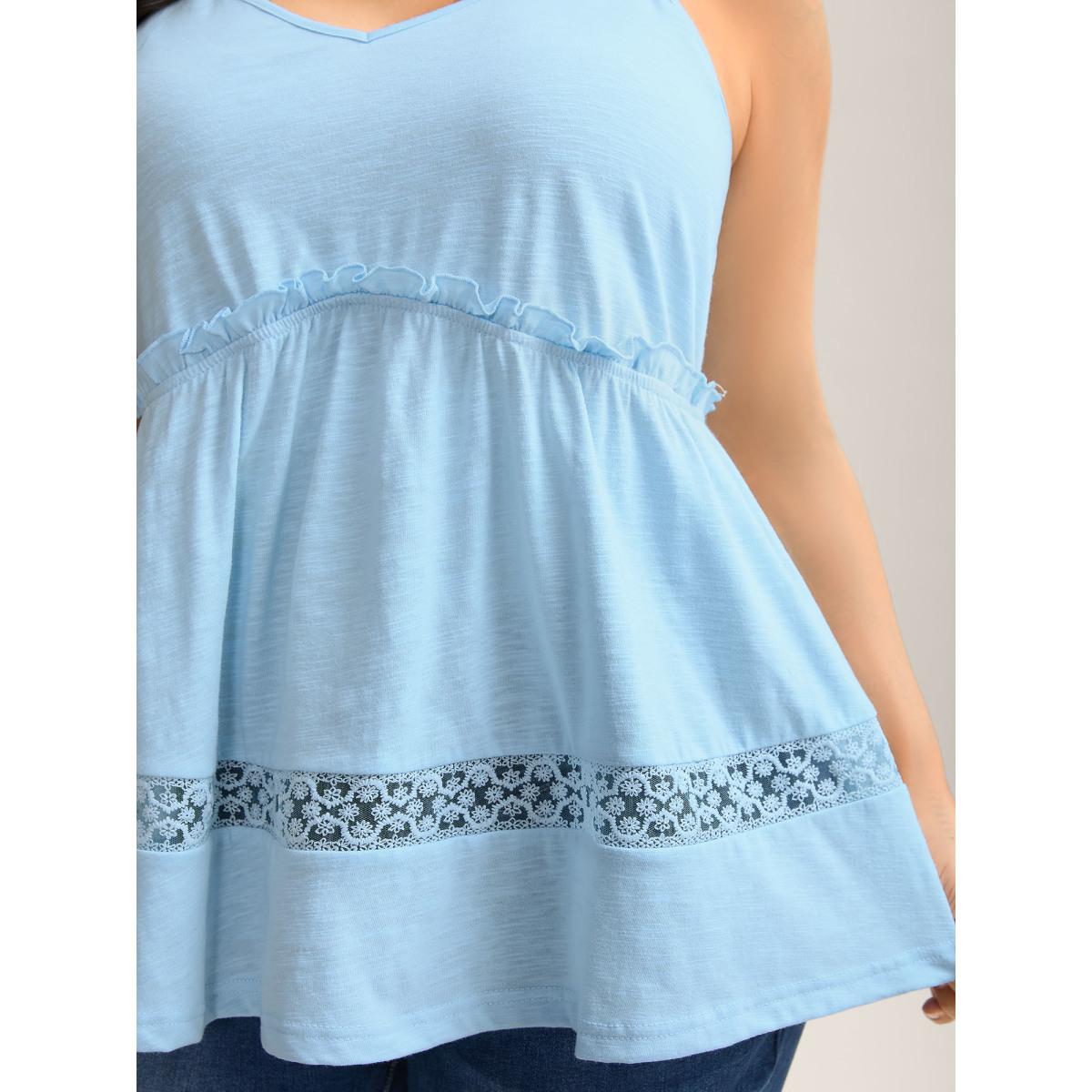 Plus Size Lace Trim Pleated Plain Tank Top Women LightBlue Boho Woven ribbon&lace trim Non Vacation Tank Tops Camis BloomChic 14-16/1X Product Image
