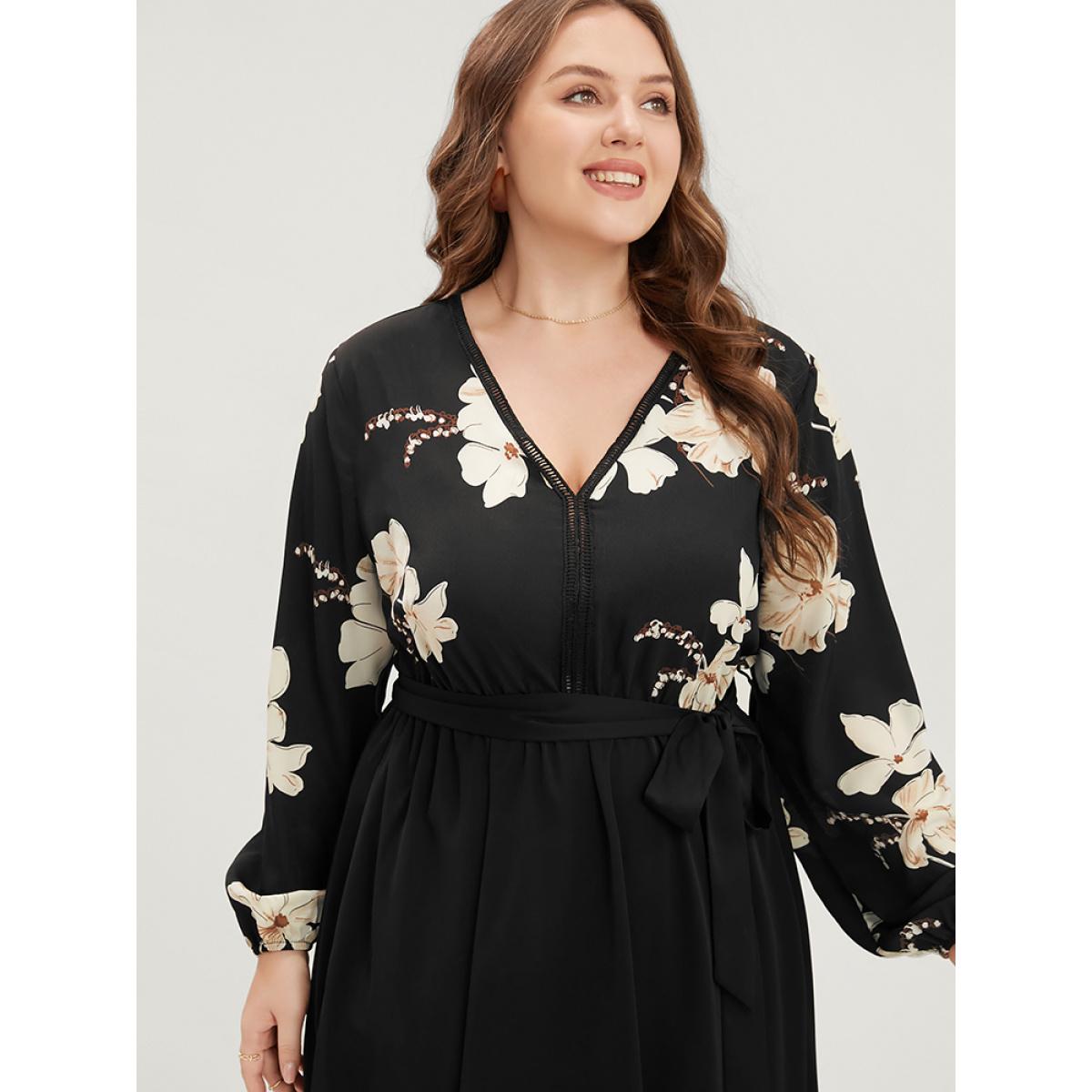 Plus Size Floral Pocket Broderie Anglaise Lantern Sleeve Belted Flutter Dress BlackFlower Women Elegant Pocket V-neck Long Sleeve Curvy Midi Dress BloomChic 10/M Product Image