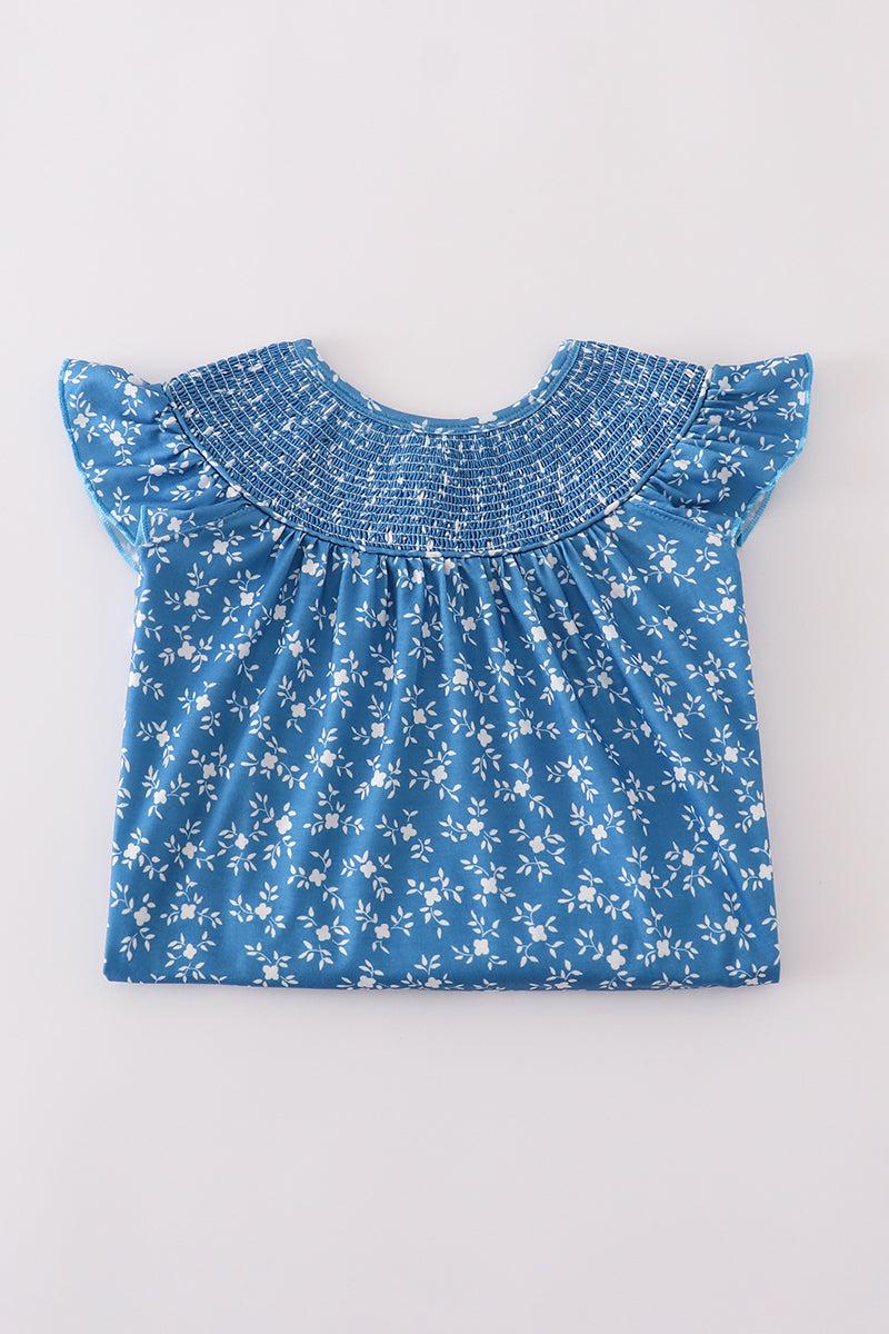 Blue floral print smocked dress Product Image
