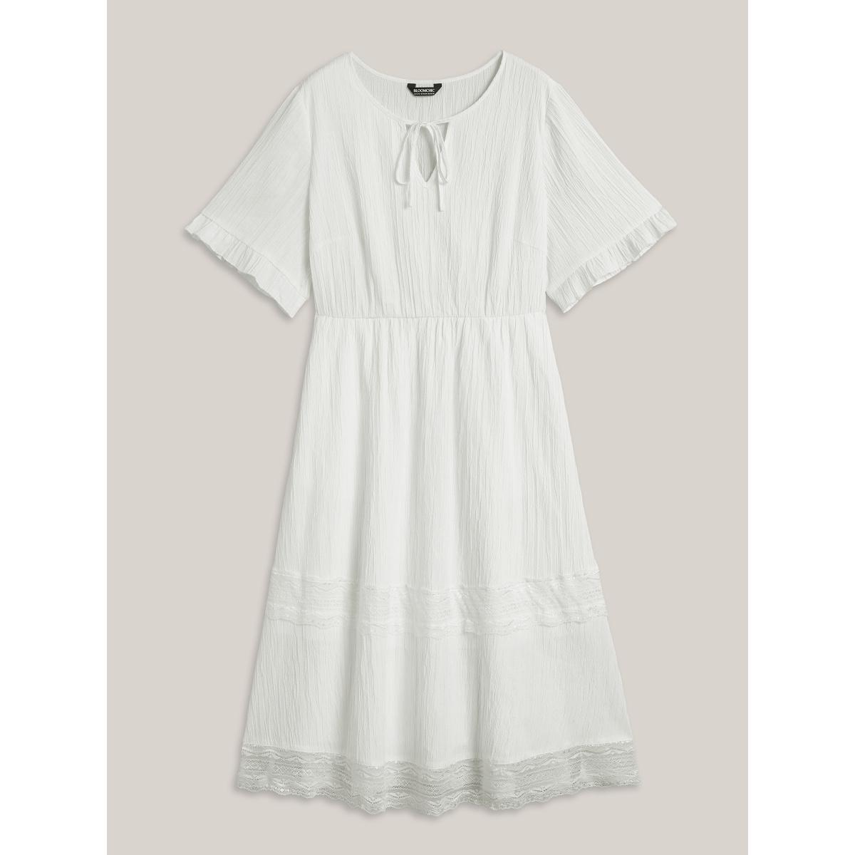 Plus Size Textured Cut-Out Lace Tied Midi Dress Beige Women Boho Woven ribbon&lace trim V-neck Half Sleeve Curvy BloomChic 18-20/2X Product Image