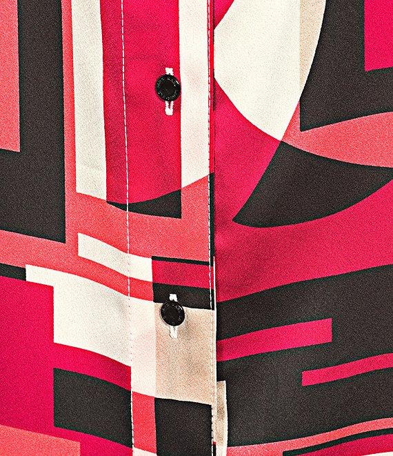 KARL LAGERFELD PARIS Satin Back Crepe-De-Chine Geometric Print Point Collar Short Sleeve Button Front Top Product Image