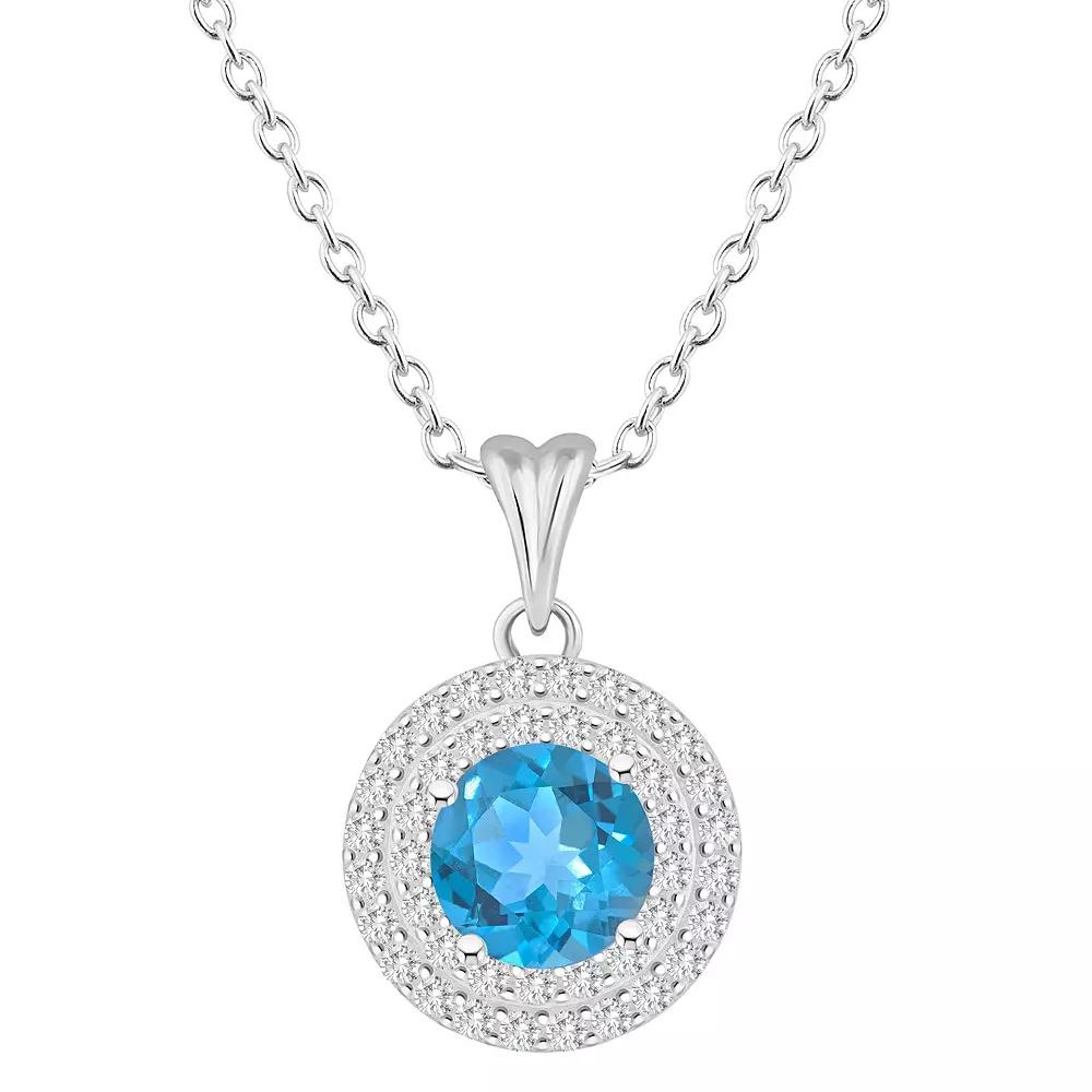 Celebration Gems Sterling Silver Round-Cut Swiss Blue Topaz & White Topaz Double Halo Pendant Necklace, Women's,  Product Image