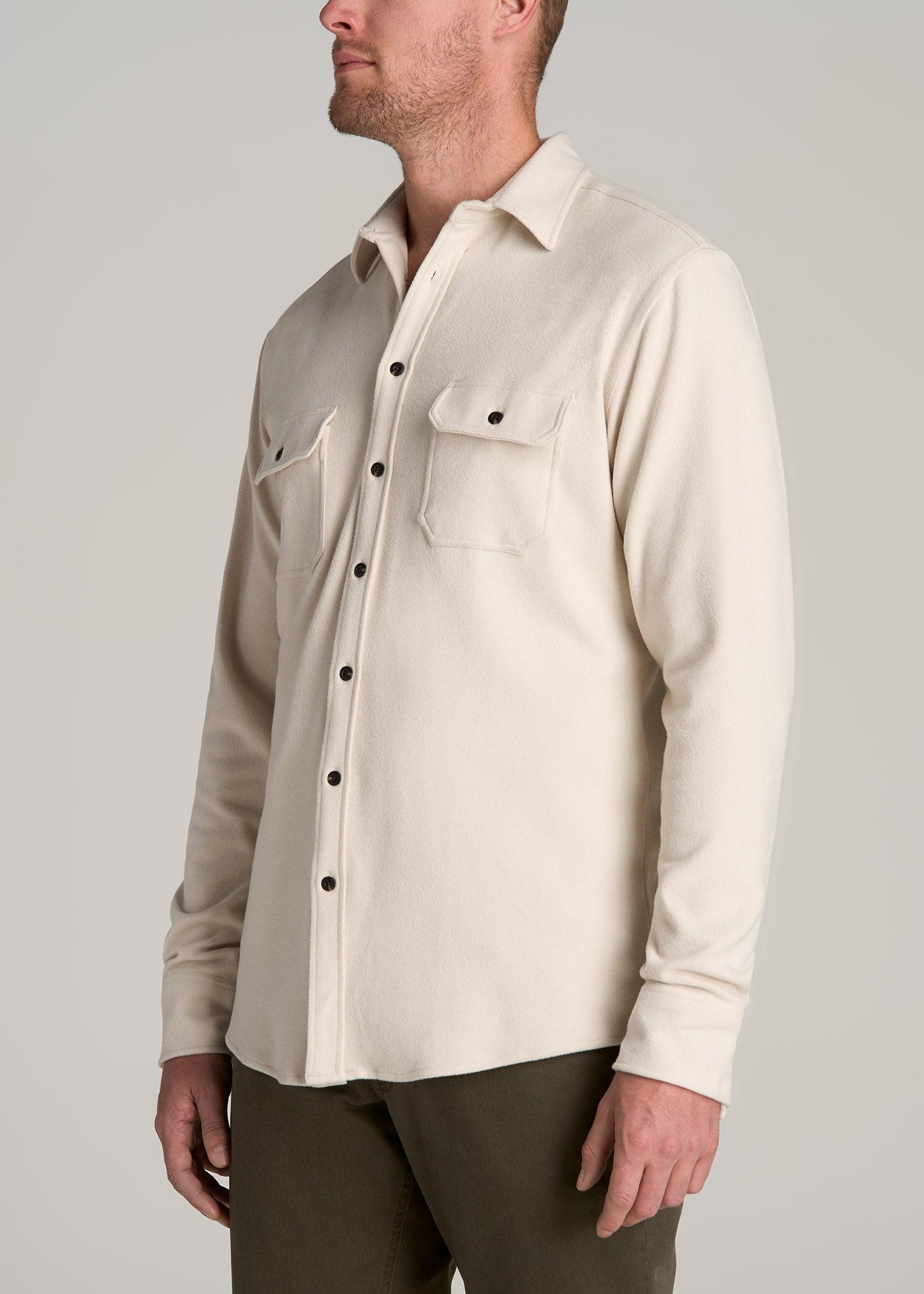 Stretch Flannel Button Shirt for Tall Men in Soft Beige Male Product Image