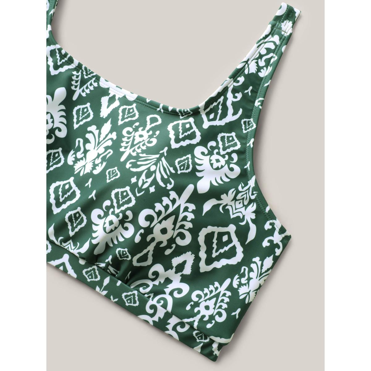 Plus Size Two-Piece Boho Print Swim Top Women's Swimwear DarkGreen Resort Cut-Out High stretch Bodycon U-neck Curve Swim Tops BloomChic 28/5X Product Image