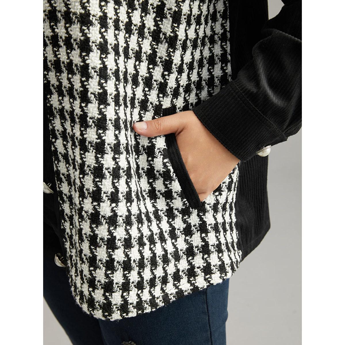 Plus Size Tweed Gingham Button Up Patchwork Pocket Contrast Coat Women Black Casual Contrast Ladies Dailywear Winter Coats BloomChic 18-20/2X Product Image
