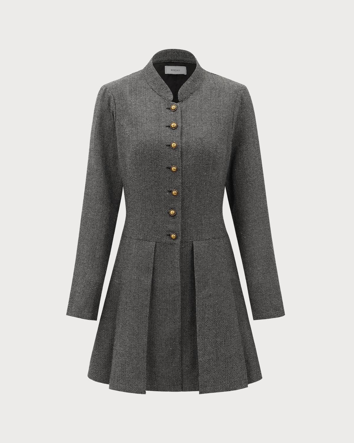 Grey Button Pleated Mini Dress Product Image