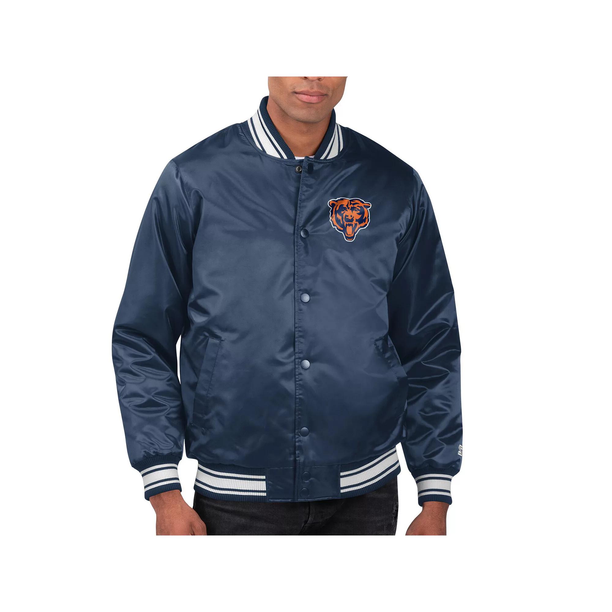 Men's Starter Navy Chicago Bears Printed Team Logo Satin Varsity Full-Snap Jacket,  Product Image