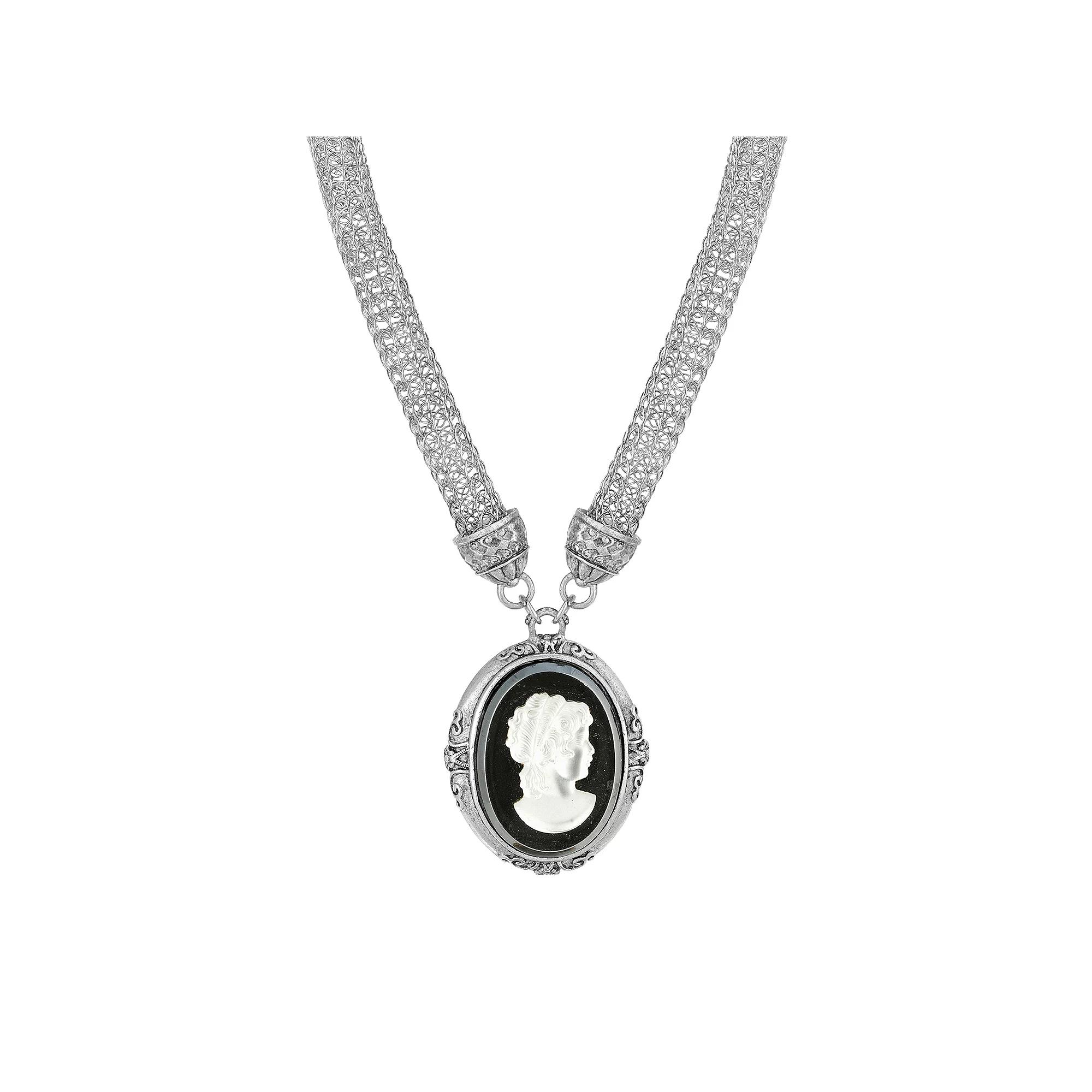 1928 Siver Tone Oval Cameo Pendant Necklace with Mesh Chain, Womens, Black Product Image