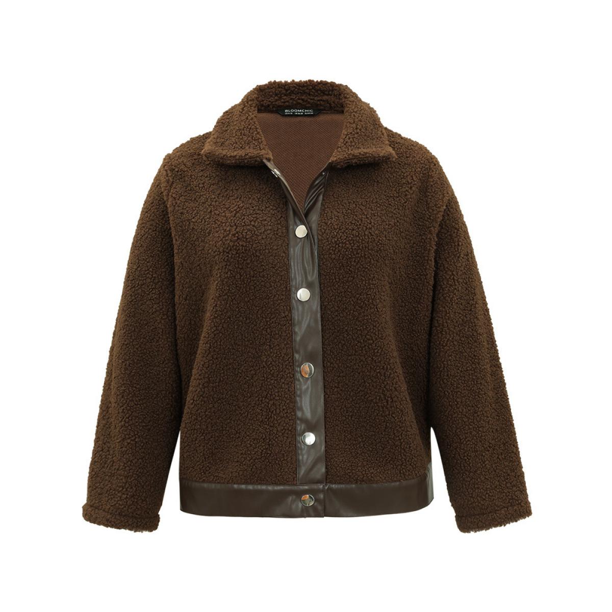 Plus Size PU Leather Patchwork Metal Detail Teddy Jacket Women DarkBrown Patchwork Dailywear Jackets BloomChic 14-16/1X Product Image