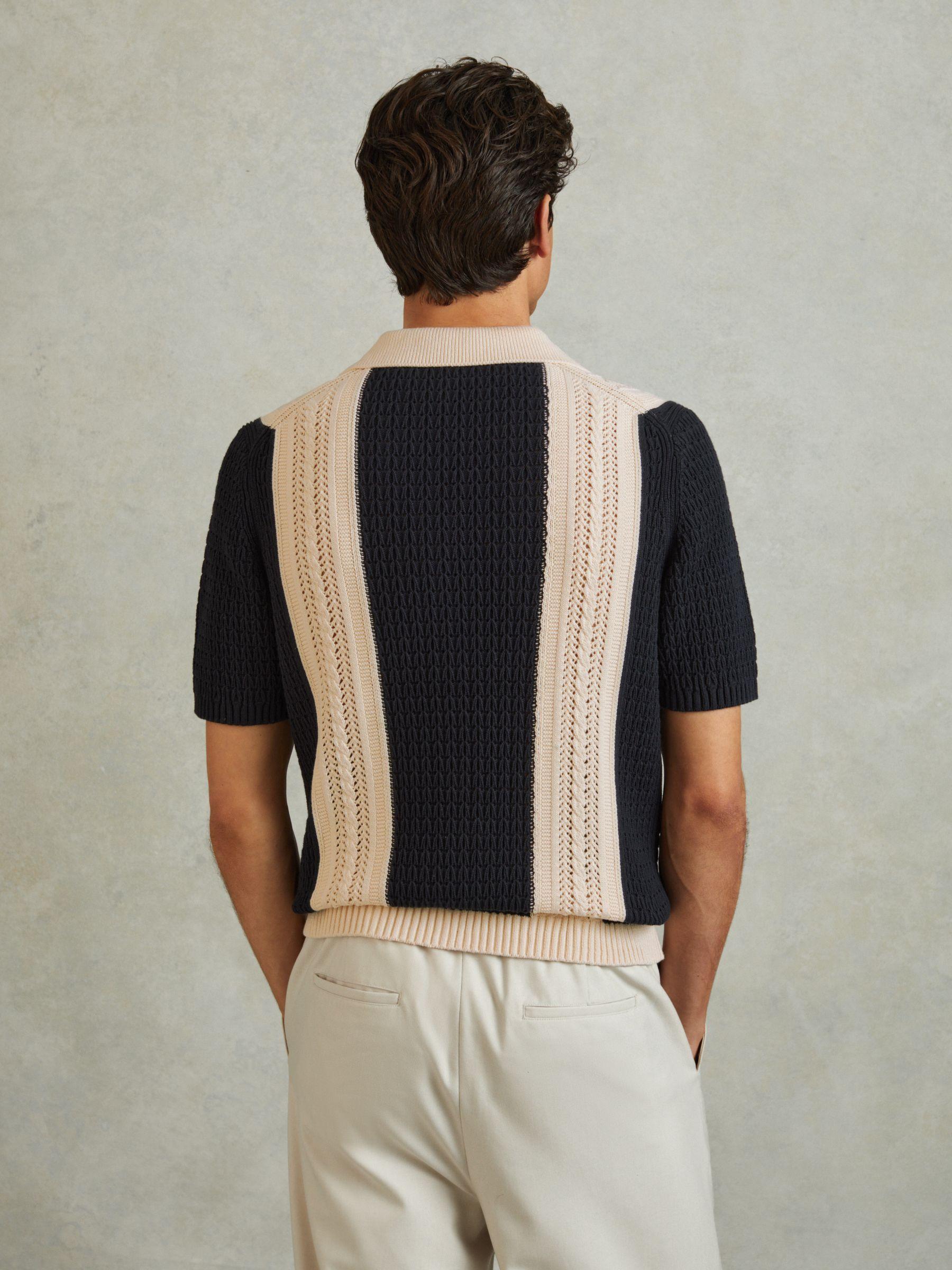 Crochet Striped Cuban Collar 100% Cotton Shirt in Navy/Stone Product Image