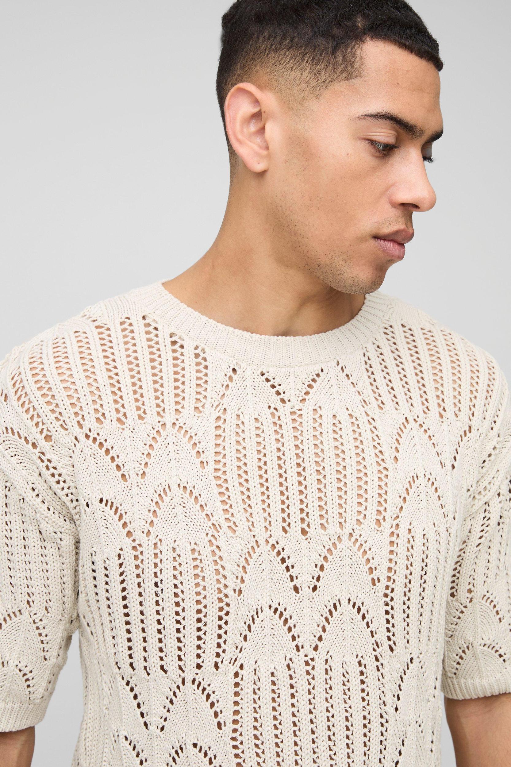 Slim Fit Stitch Interest Open Knitted T-Shirt | boohooMAN USA Product Image