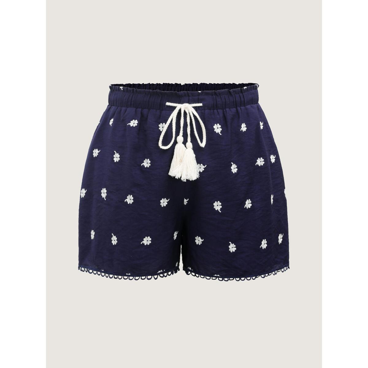 Plus Size Floral Embroidered Drawstring Wide Leg Shorts Women Indigo Casual Embroidered Wide Leg Everyday-Casual Shorts BloomChic 14-16/1X Product Image