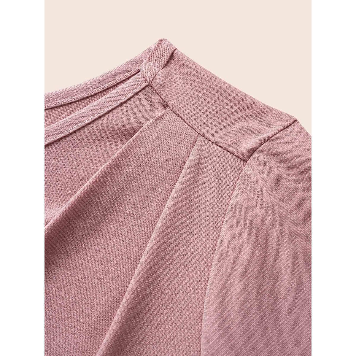 Plus Size Solid Round Neck Plicated Detail T-shirt Rouge Women Elegant Pleated Round Neck Everyday T-shirts BloomChic 22-24/3X Product Image