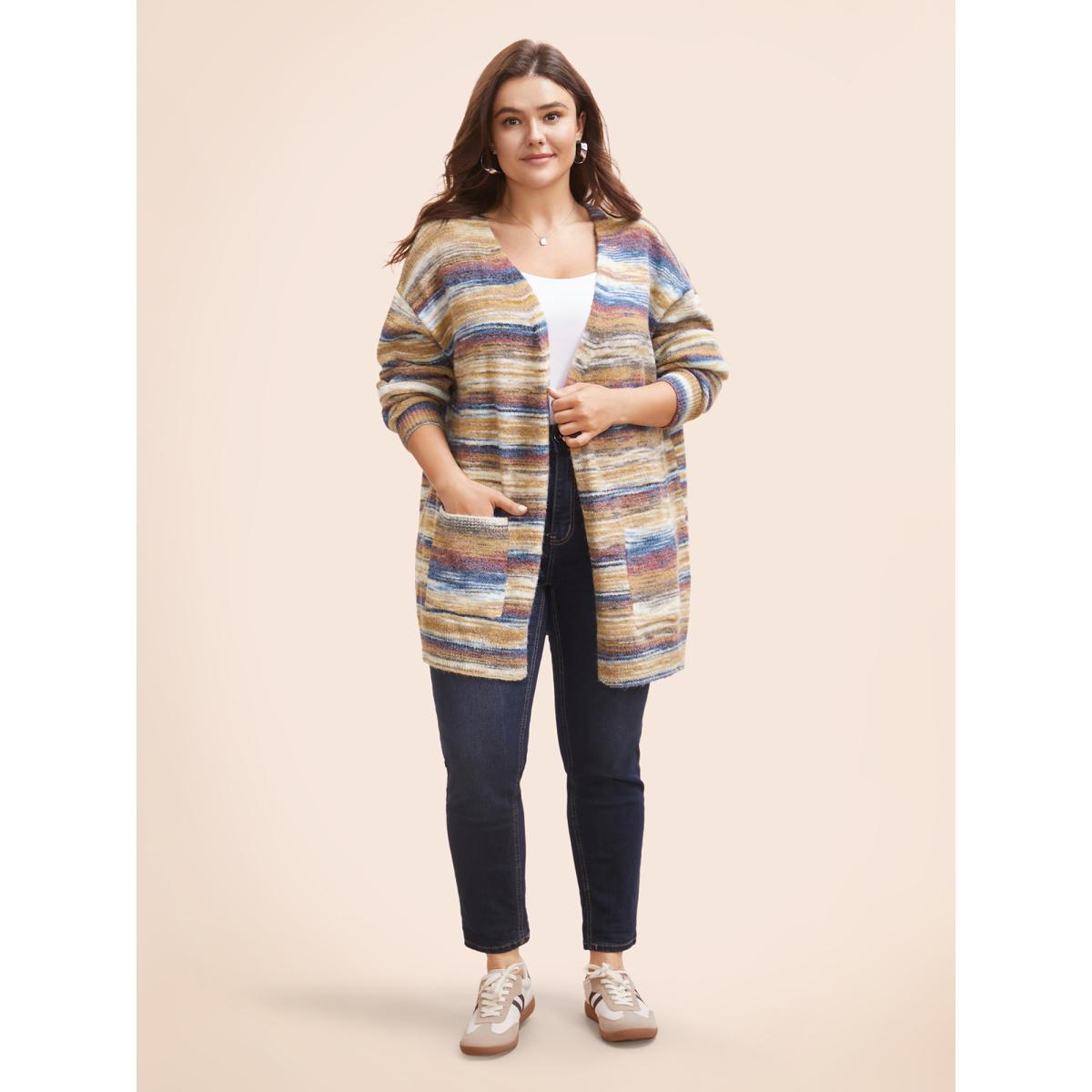 Plus Size Heather Contrast Open Front Pocket Cardigan Multicolor Women Casual Loose Long Sleeve Everyday Cardigans BloomChic 26/4X Product Image