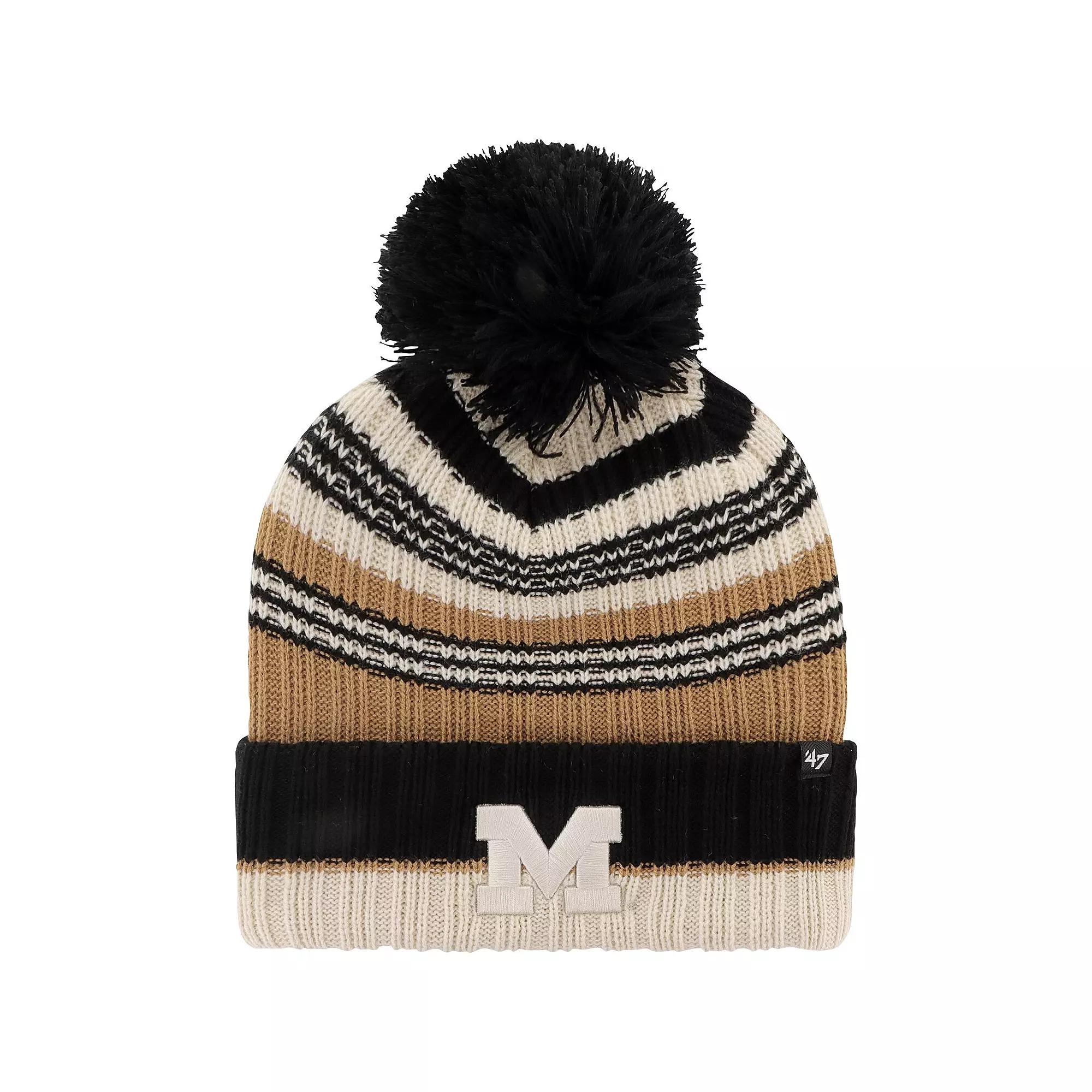 Women's '47 Khaki Michigan Wolverines Barista Cuffed Knit Hat with Pom, Beig K Product Image