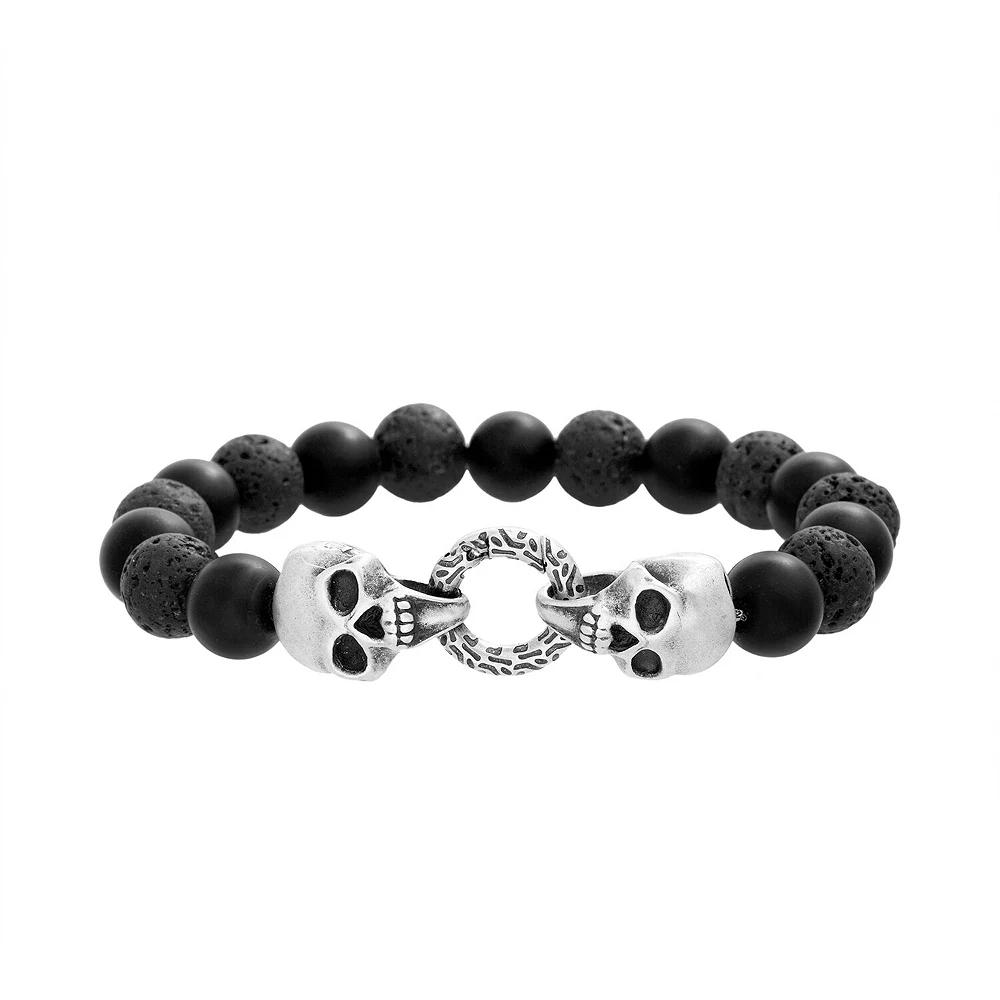 Men's Lava Bead & Stainless Steel Skull Bracelet, Size: 9", Silver Tone Product Image
