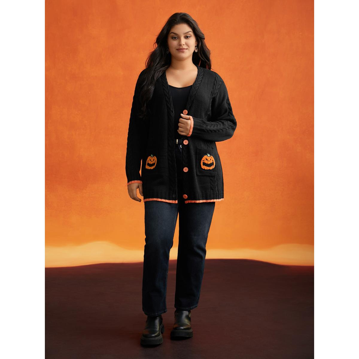 Plus Size Pumpkin Pocket Embroidered Contrasting Cardigan - For Halloween Black Women Casual Loose Long Sleeve Everyday Cardigans BloomChic 14-16/1X Product Image