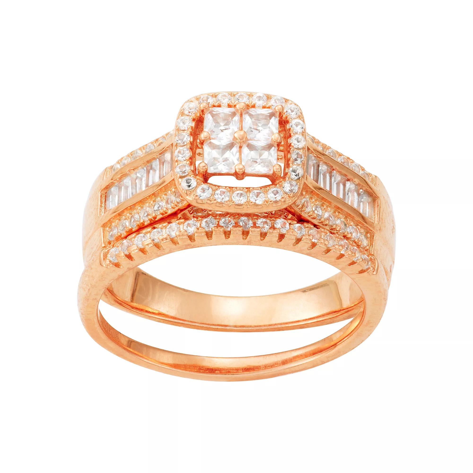 Designs by Gioelli Sterling Silver Lab-Created White Sapphire Square Ring Set, Womens Pink Tone Product Image