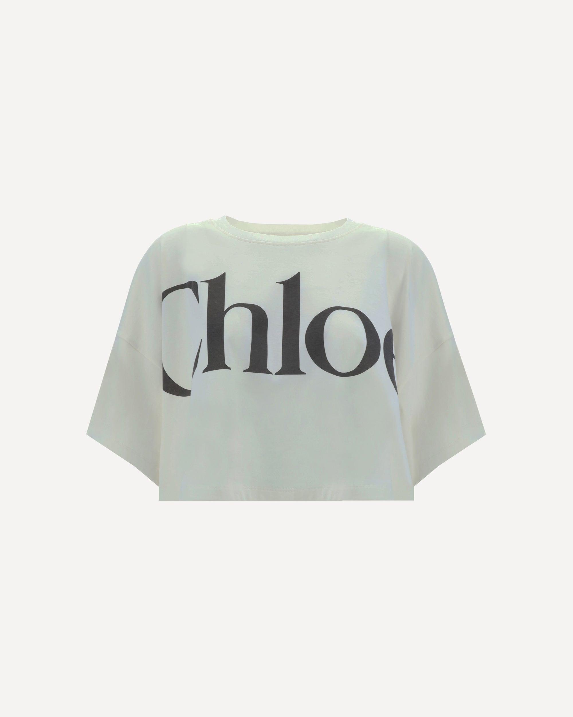 CHLOÉ White Cropped Crewneck T-shirt With Maxi Logo Print On The Front In Cotton Woman In Multicolor Product Image