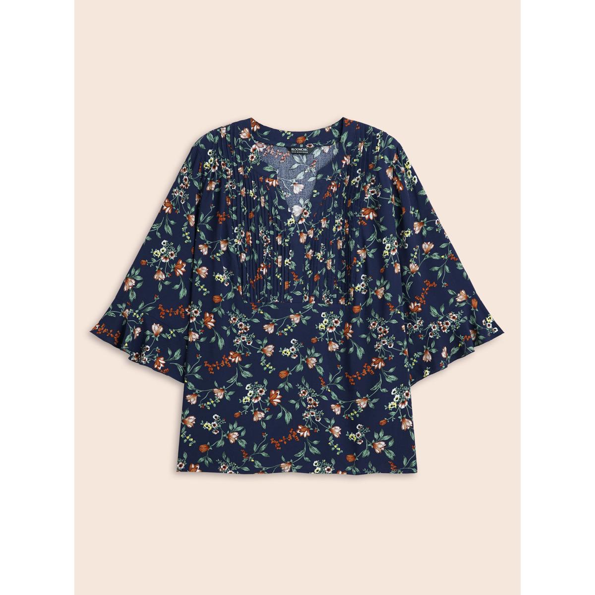 Plus Size Indigo Ditsy Floral Pleated Flutter Sleeve Blouse Women Elegant Elbow-length sleeve Flat collar with V-notch Everyday Blouses BloomChic 14-16/1X Product Image