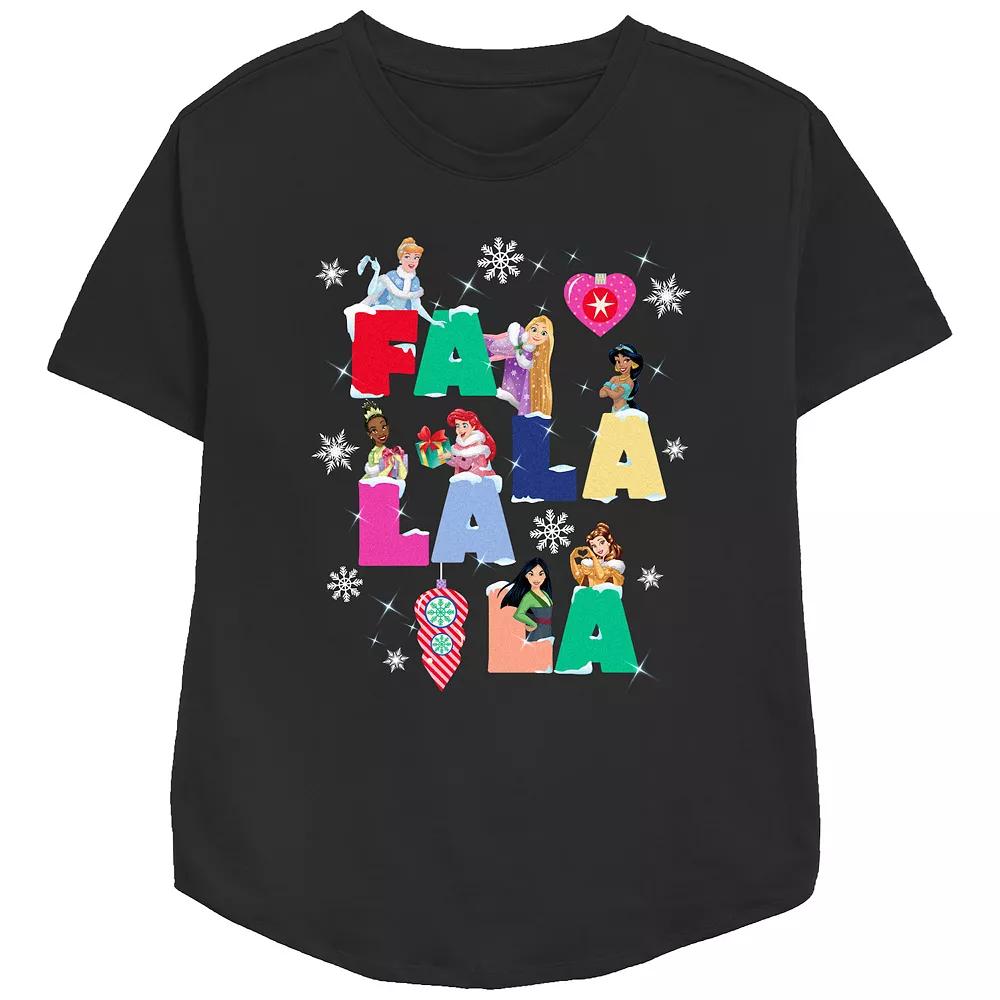 Disney Princess Cinderella, Rapunzel, Jasmine, Tiana, Ariel, Mulan & Belle Fa La La La Christmas Singing Women's Relaxed Fit Graphic Tee,  Product Image