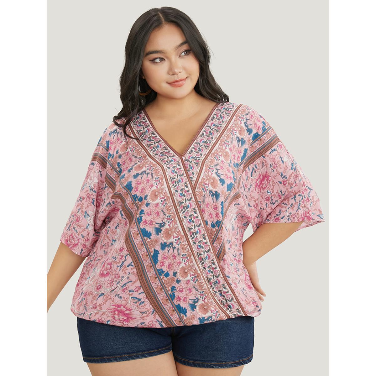 Plus Size Pink Floral Print Surplice Neck Blouse Women Vacation Half Sleeve V-neck Dailywear Blouses BloomChic 30/6X Product Image