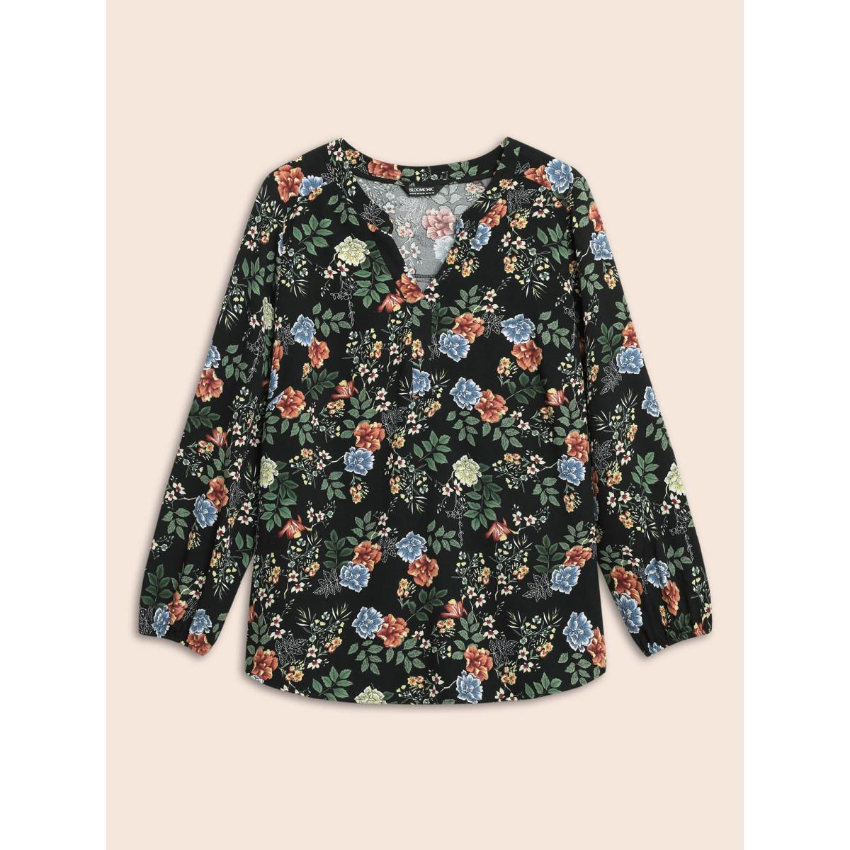 Plus Size Black Floral Notched Pleated Lantern Sleeve Blouse Women Elegant Extra Long Sleeve Notched collar Everyday Blouses BloomChic 12/L Product Image