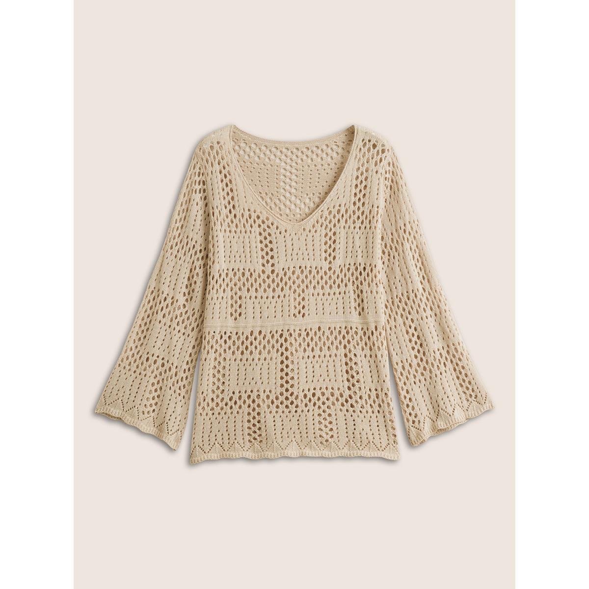 Plus Size Plain Cable Knit Scoop Neck Bell Sleeve Pullover Apricot Women Casual Long Sleeve Scoop Neck Everyday Pullovers BloomChic 10/M Product Image