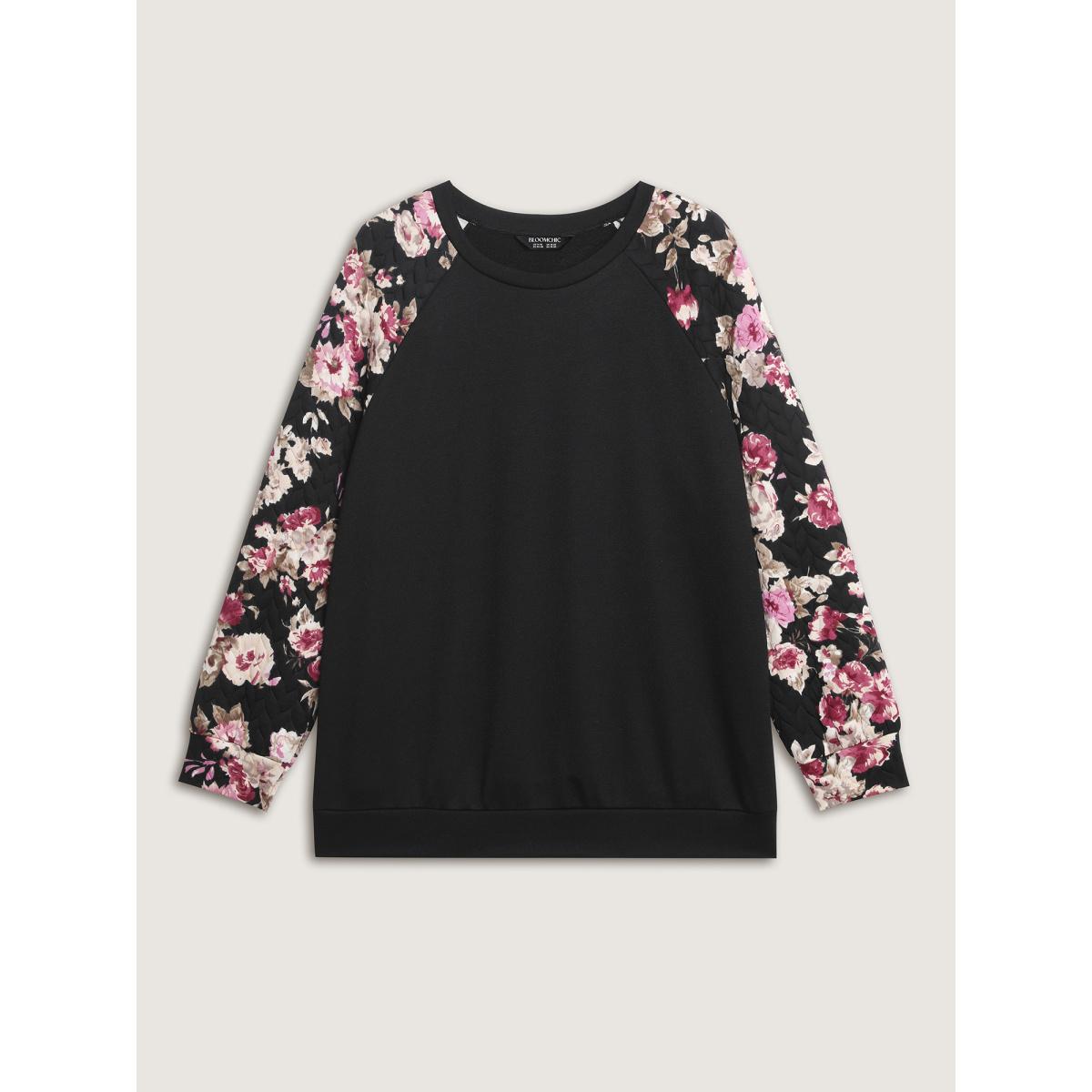 Plus Size Floral Print Raglan Sleeve Sweatshirt Women Black Leisure Contrast Round Neck Casual Sweatshirts BloomChic 26/4X Product Image