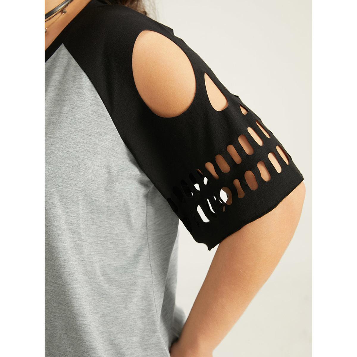 Plus Size Halloween Skull Cut Out Raglan Sleeve T-shirt Gray Women Casual Patchwork Graphic-Halloween V-neck Festival-Halloween T-shirts BloomChic 12/L Product Image