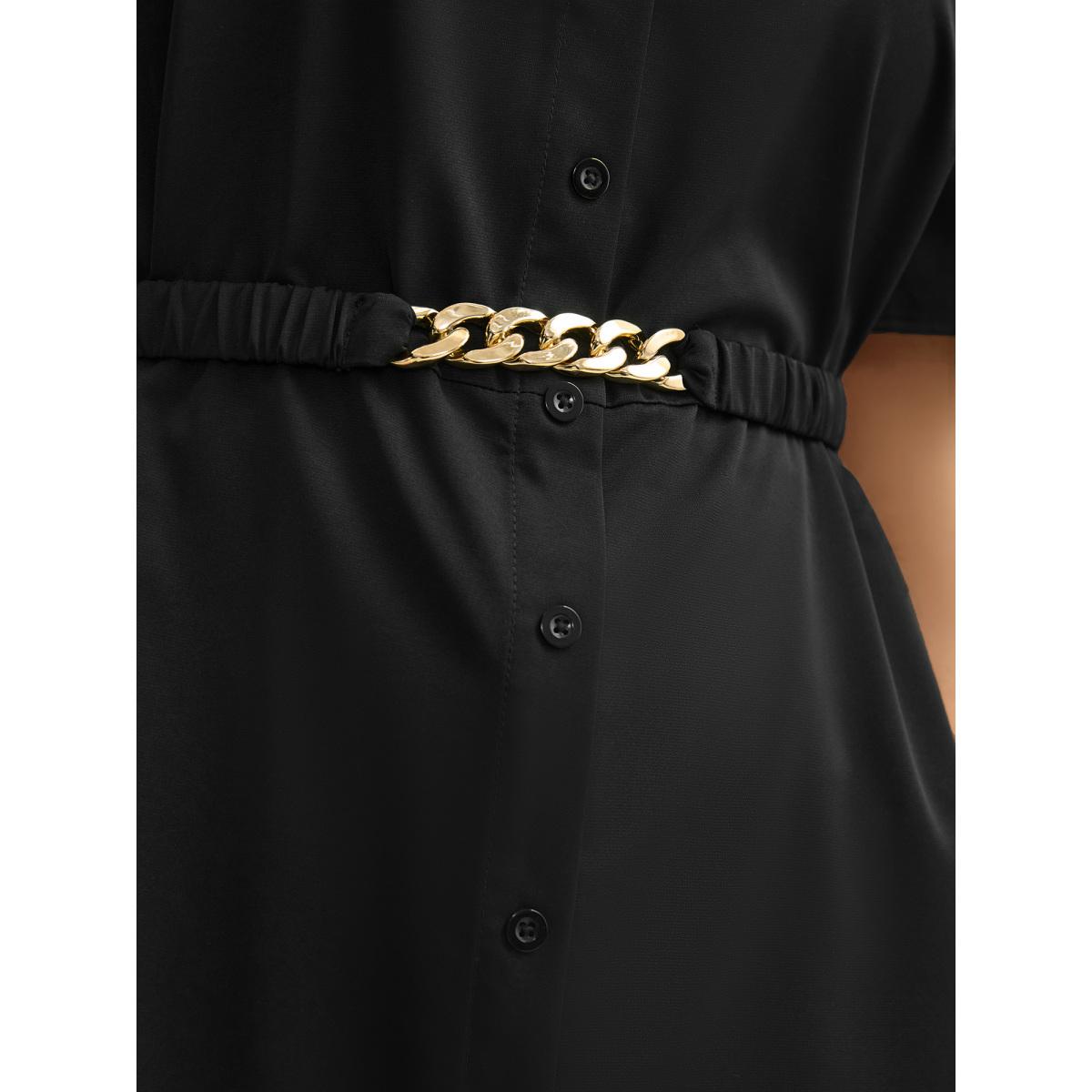 Plus Size Black Button Up Belted Collar Shirt Women At the Office Short sleeve Shirt collar Work Blouses BloomChic 10/M Product Image