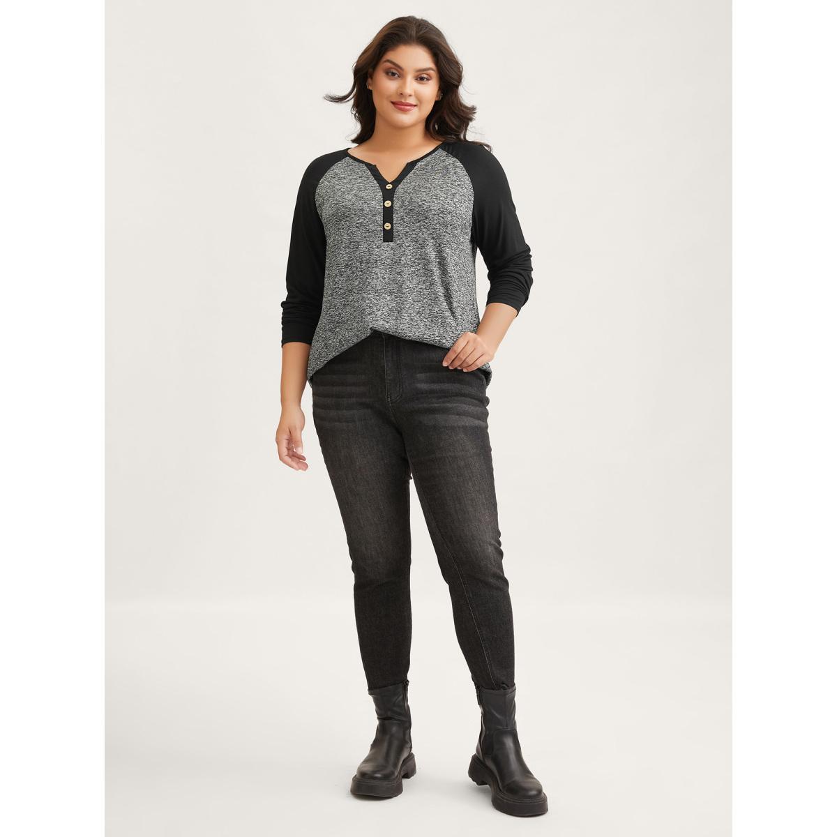 Plus Size Heather Patchwork Button Detail Stretchy T-Shirt DarkGray Women Casual Contrast Flat collar with V-notch Everyday T-shirts BloomChic 22-24/3X Product Image