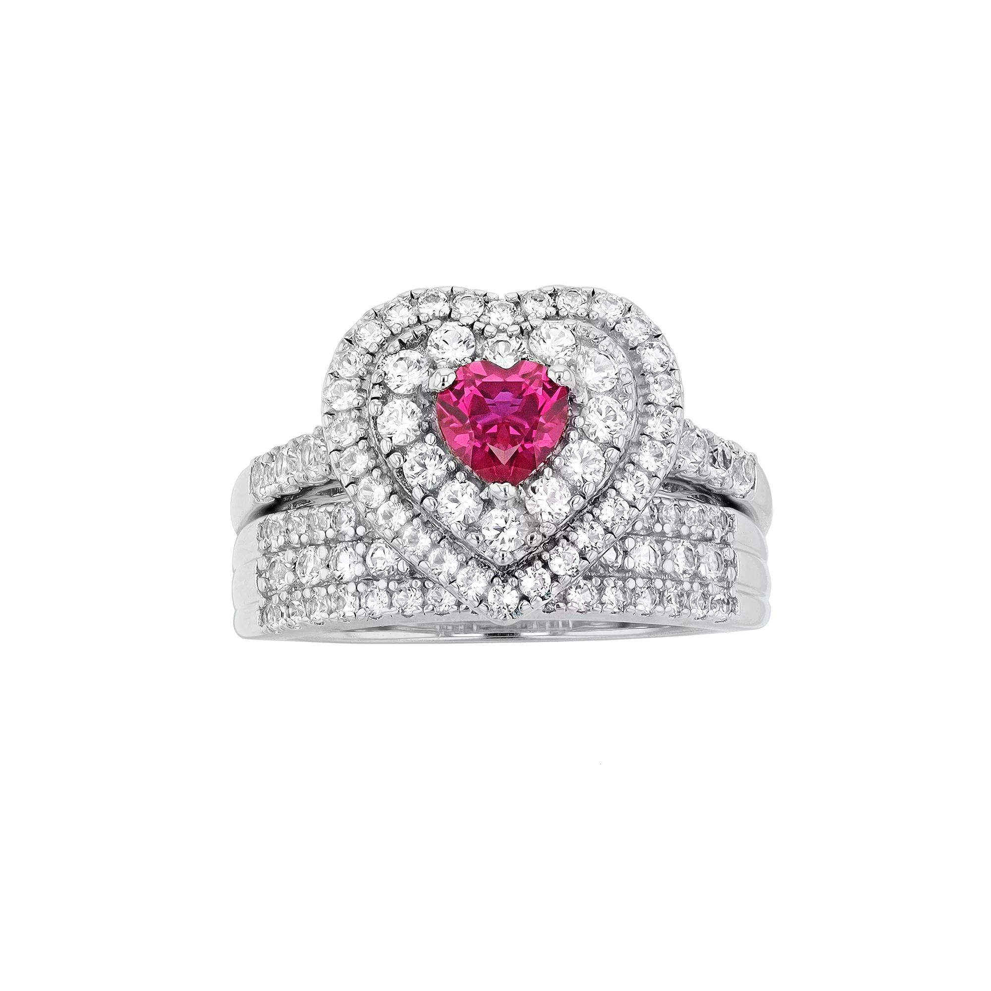 Sterling Silver Lab-Created Ruby & Lab-Created White Sapphire Heart Engagement Ring Set, Women's, Size: 7 Product Image