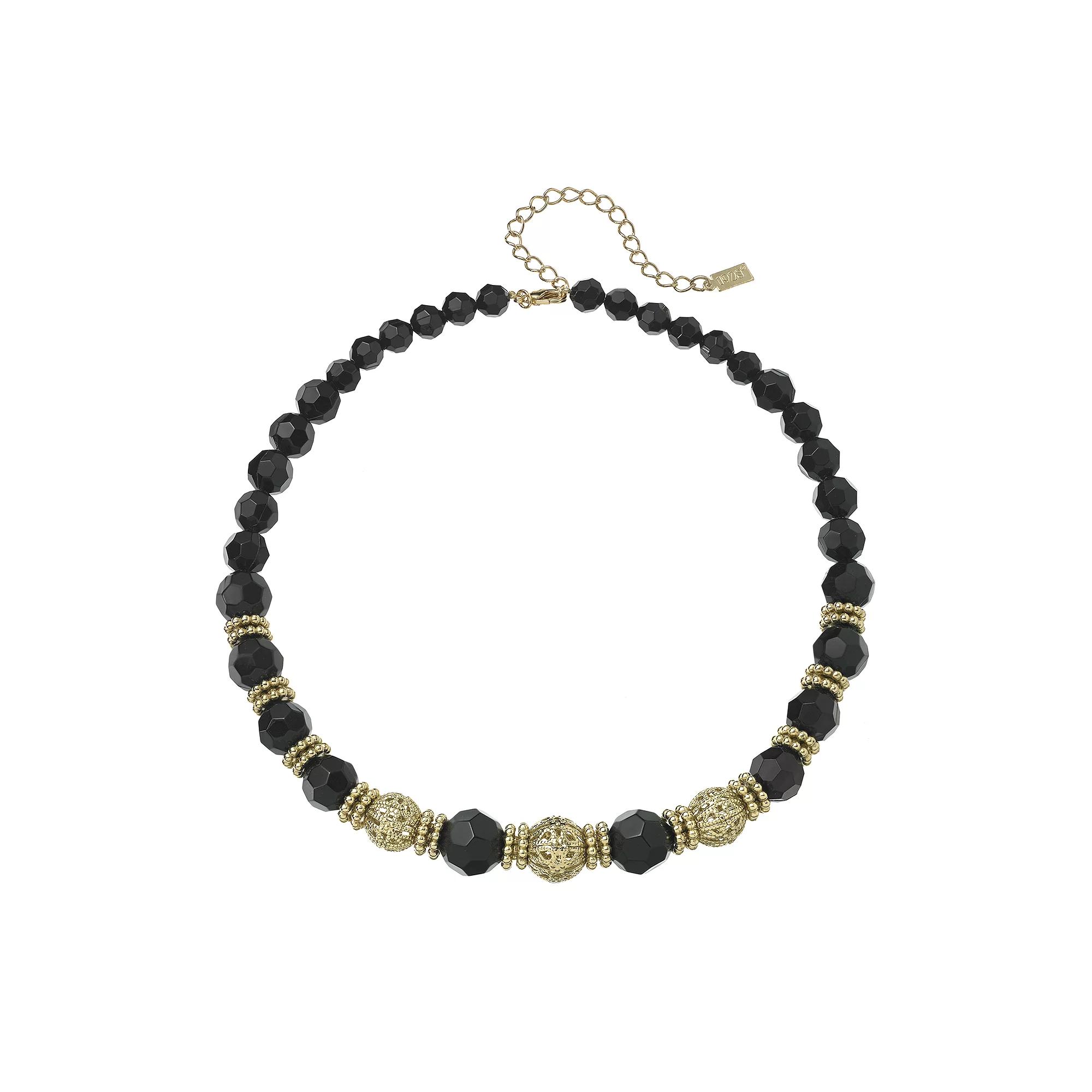 1928 Gold Tone Filigree Bead Necklace, Women's, Size: 16", Black Product Image