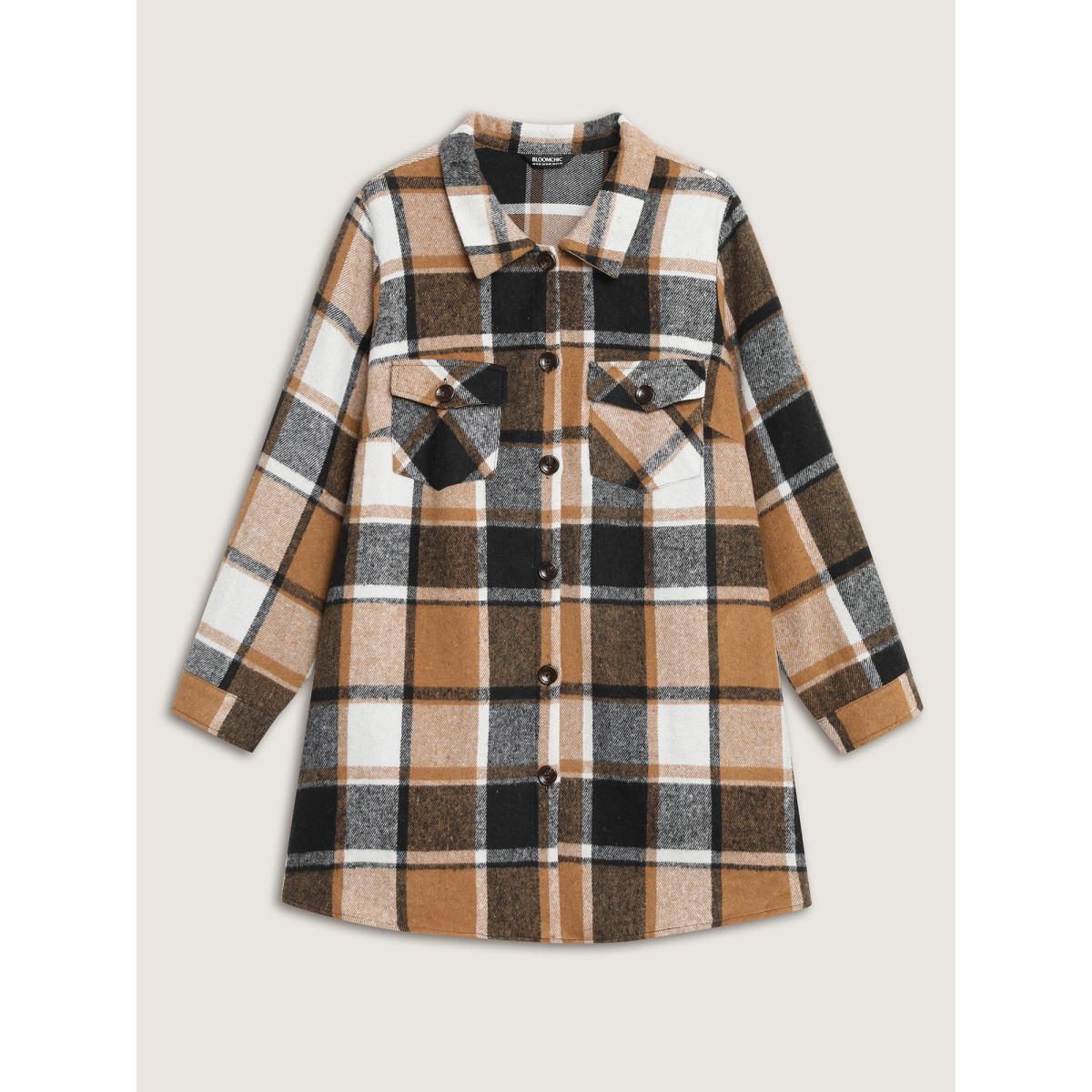 Plus Size Plaid Chest Pockets Long Jacket Women Bronze Button Loose Side seam pocket Casual Jackets BloomChic 26/4X Product Image