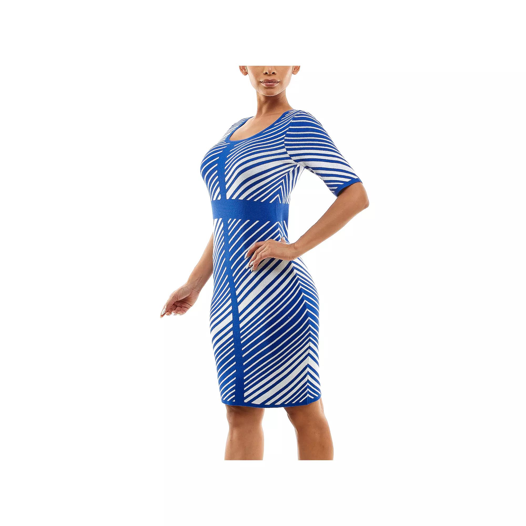 Women's Nina Leonard Elbow Sleeve Chevron Sweater Dress, Size: Medium, Lapis Ivory Product Image