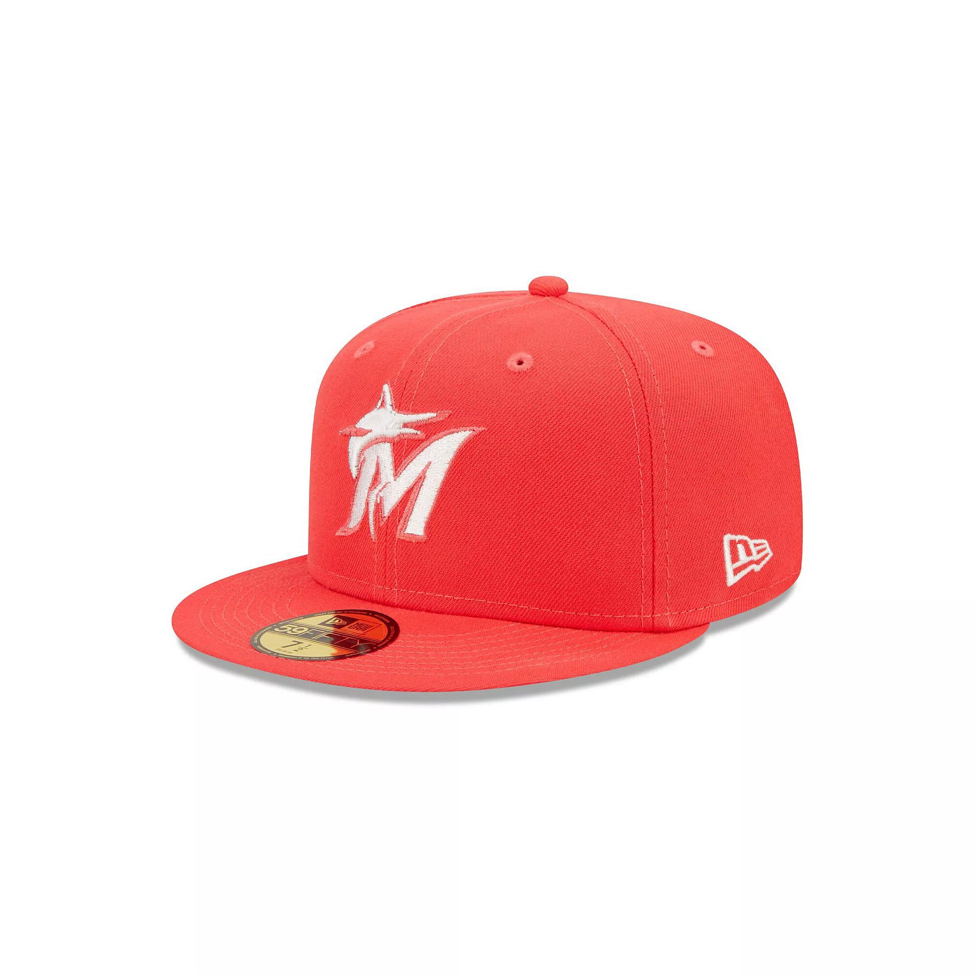 Men's New Era Red Miami Marlins Lava Highlighter Logo 59FIFTY Fitted Hat, Size: 7 Product Image