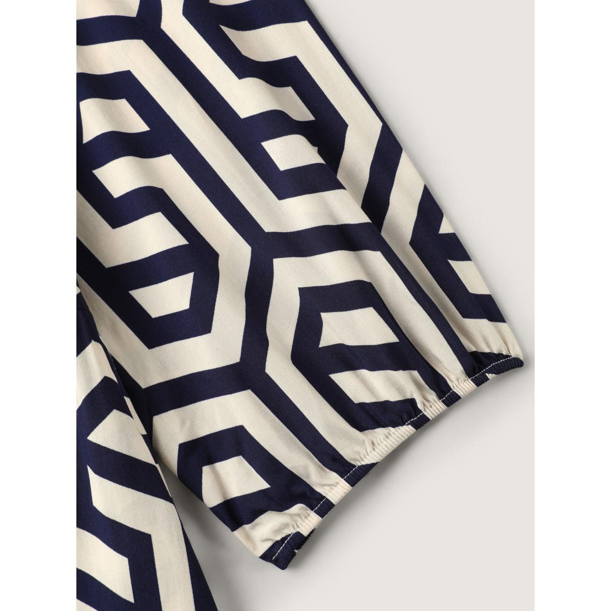 Plus Size Rayon Geometric Pattern Button Midi Dress DarkBlue Women Shirt collar Elbow-length sleeve Curvy BloomChic 22-24/3X Product Image