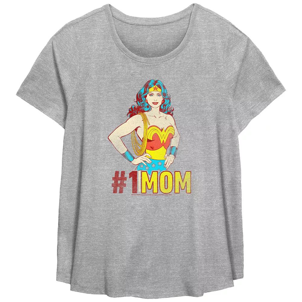 Plus Size Wonder Woman #1 MOM Scoop Hem Flowy Graphic Tee, Women's, Size: 2XL, Grey Gray Product Image