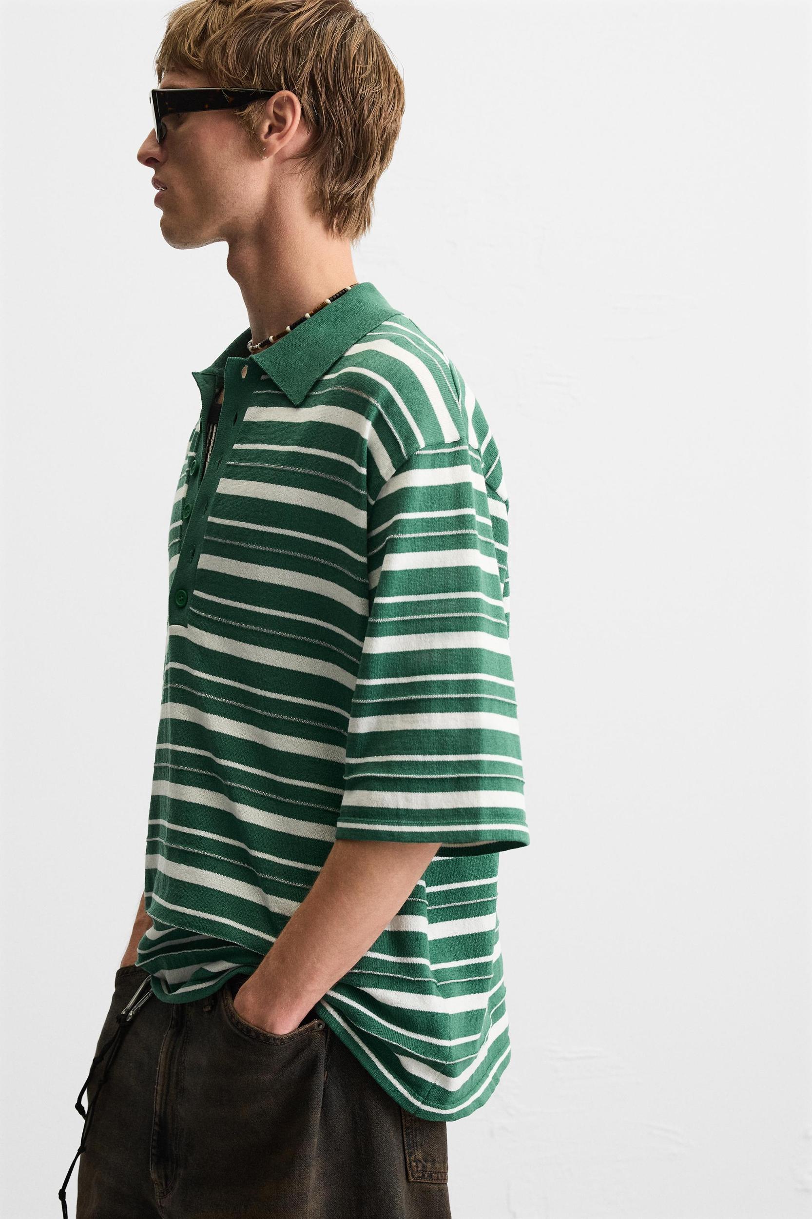 STRIPED TEXTURED KNIT POLO SHIRT Product Image
