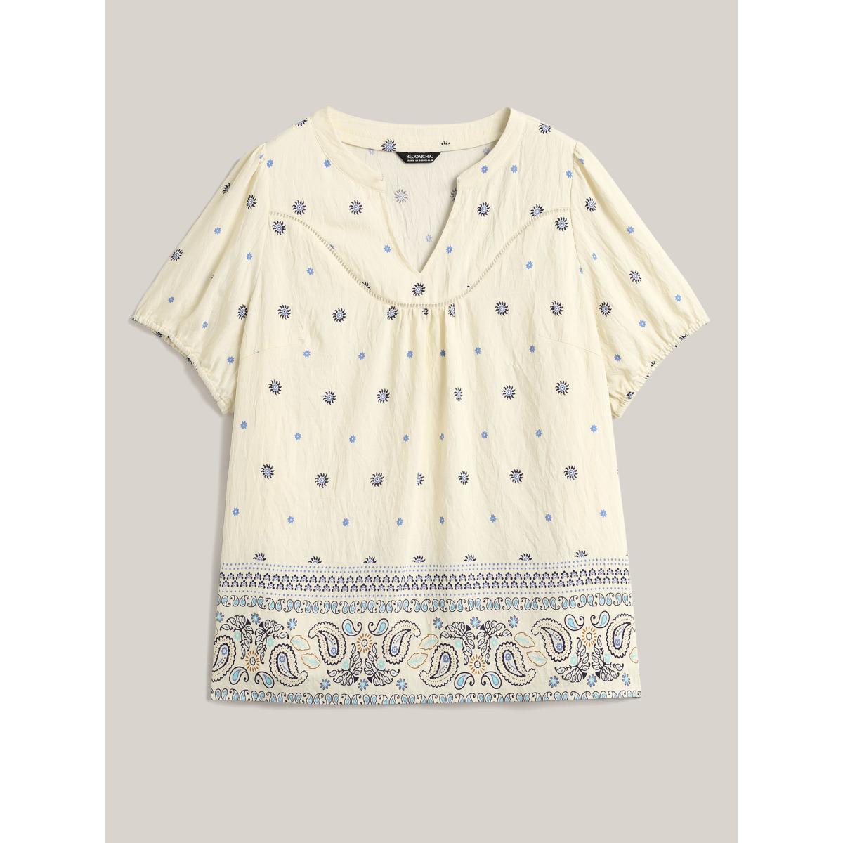 Plus Size LightBlue Boho Print Notched Collar Blouse Women Boho Short sleeve Flat collar with V-notch Vacation Blouses BloomChic 18-20/2X Product Image
