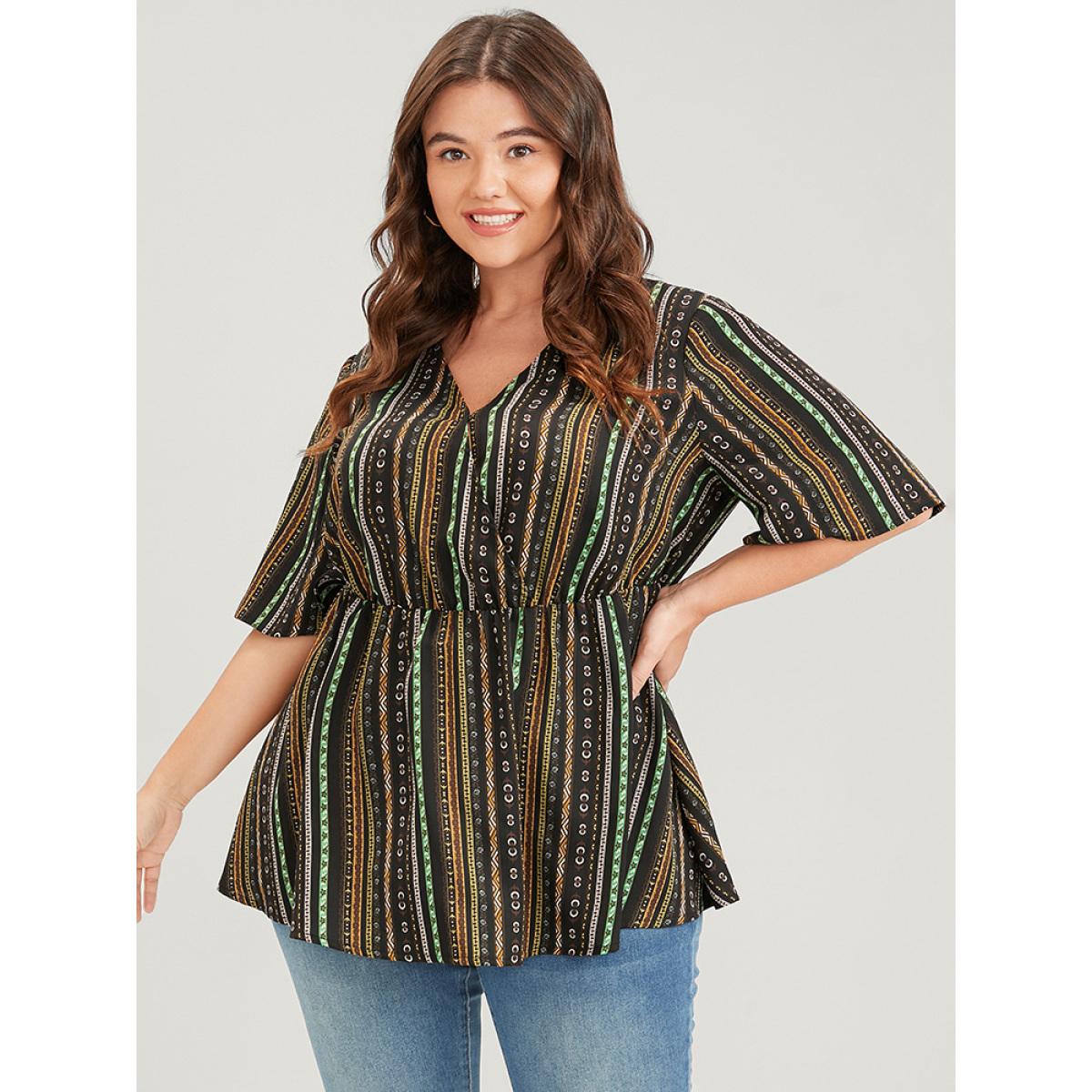 Plus Size Black Striped Elastic Waist Button Ruffles Wrap Blouse Women Elegant Short sleeve V-neck Dailywear Blouses BloomChic 12/L Product Image