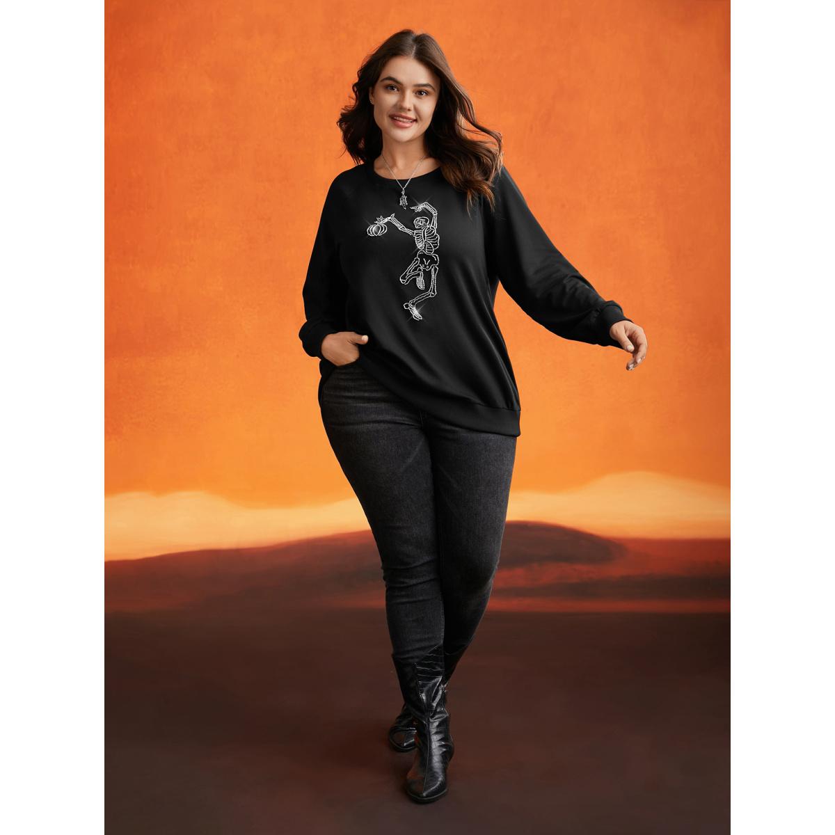 Plus Size Skull Embellished Raglan Sweatshirt Women Black Casual Patchwork Loose Round Neck Everyday Sweatshirts BloomChic 26/4X Product Image
