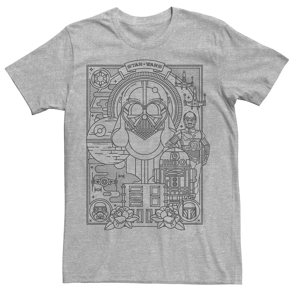 Men's Star Wars Vader Droids Tattoo Style Line Art Tee,  Product Image