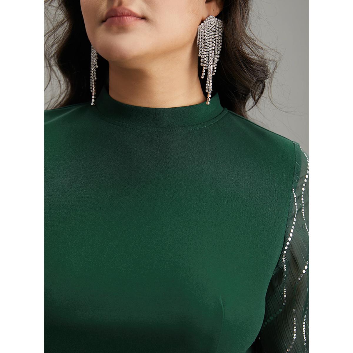 Plus Size Plain Mesh Sequin Patchwork Ruffle Sleeve Dress DarkGreen Women Party Sequin Stand-up collar Short sleeve Curvy Midi Dress BloomChic 14-16/1X Product Image