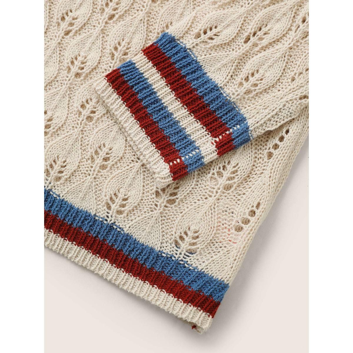 Plus Size Contrast Striped Texture Hollow Out Pullover Apricot Women Casual Long Sleeve V-neck Everyday Pullovers BloomChic 22-24/3X Product Image