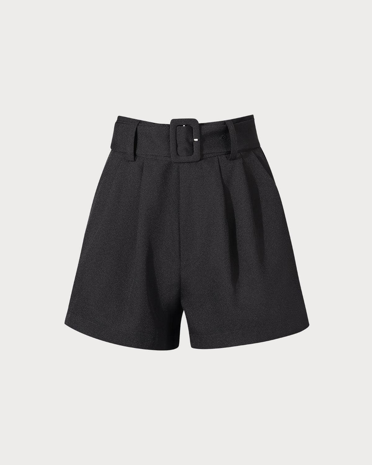 The Black High-waisted Pleated Belted Shorts Product Image