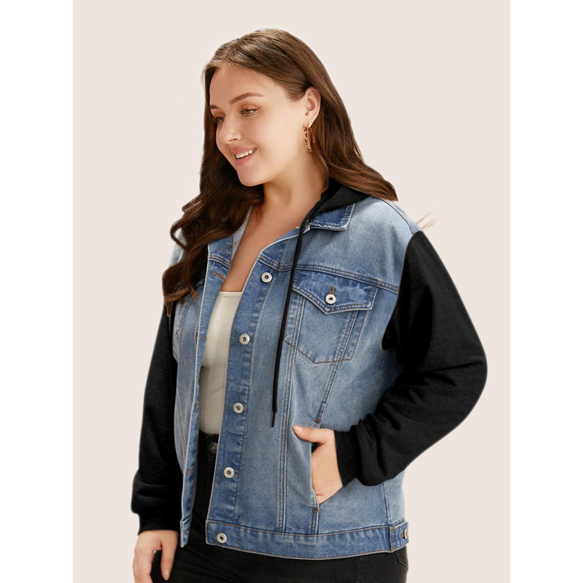 Women Hooded Patchwork Flap Pocket Denim Jacket Black Plus Size Plain Contrast Casual Slanted pocket Leisure Denim Jackets BloomChic 14-16/1X Product Image