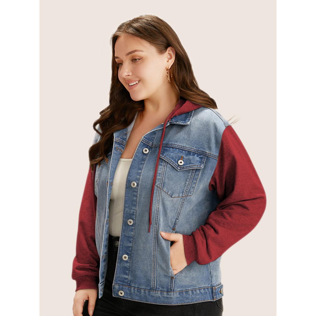 Women Hooded Patchwork Flap Pocket Denim Jacket Raspberry Plus Size Plain Contrast Casual Slanted pocket Leisure Denim Jackets BloomChic 30/6X Product Image
