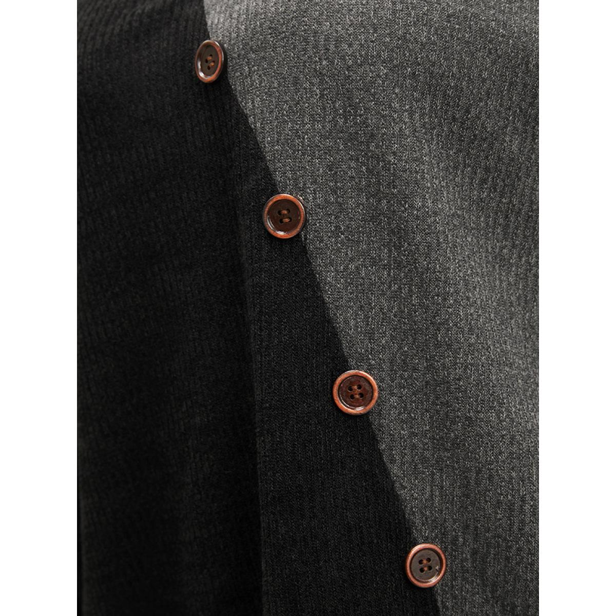 Plus Size Colorblock Contrast Button Detail Rib Knit Sweatshirt Women Black Elegant Patchwork V-neck Dailywear Sweatshirts BloomChic 18-20/2X Product Image